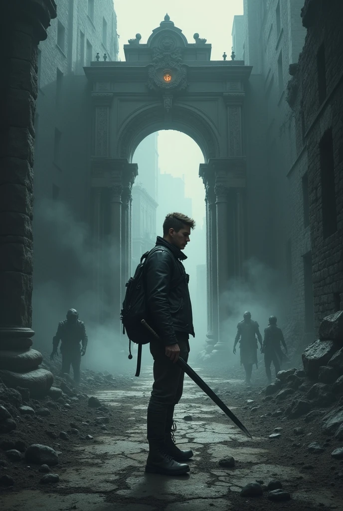 Background: Use dark gray tones for the background to convey a post-apocalyptic desolation. Include elements such as ruins, cracked ground, broken building outlines, and a dim sky to create a sense of a desolate world.
Wasteland Labyrinth: In the center or one side of the cover, depict a dark, misty labyrinth entrance. Design the entrance with an ancient and mysterious architectural style, surrounded by fog and faint light to suggest the unknown and dangers within the labyrinth.
Monster Silhouettes: Around the labyrinth or near the entrance, show silhouettes of monsters to add mystery and tension. The silhouettes can take various bizarre forms to represent the diversity of creatures in the wasteland.
Main Character: In the foreground of the cover, depict the main character in profile or front view. He should be dressed in post-apocalyptic attire such as a leather jacket, combat pants, and boots, and carry a weapon suitable for the wasteland, like a sword or dagger. The main character’s expression should be resolute, with a determined gaze, reflecting his unyielding nature.
Color and Atmosphere: Use cool color tones such as gray, blue, and black to enhance the desolate and harsh feel of the post-apocalyptic world. You can use warm tones like orange or red in the labyrinth entrance or some details to create contrast and highlight the mysterious glow or tense atmosphere.
Other Elements: Add subtle details such as weathered textures, cracks, and dust to enhance the post-apocalyptic feel.