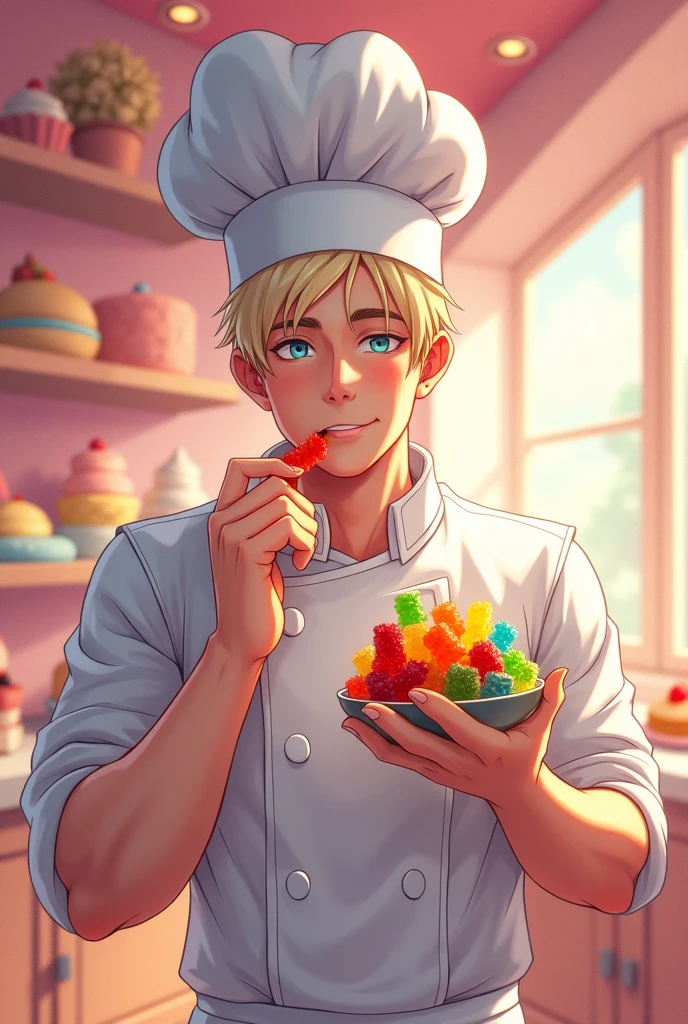 sexy man, pastry chef, muscular, eating gummy bears, albino, anime, flirtatious, with a chef's hat