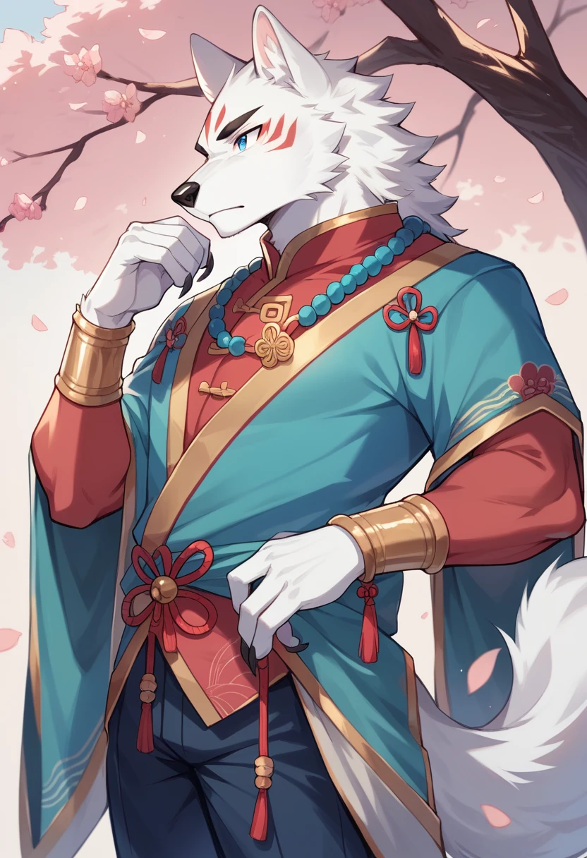 Furry,white fur,male people,teenage,canid,white wolf,solo person,sharp talons,stand,white-skinned, blue eyes,Fluffy tail,Chinese ,blue, Peach blossom tree,son of a rich family,ancient costume,pants,Less shadows,elegant,ultra - detailed:1.0