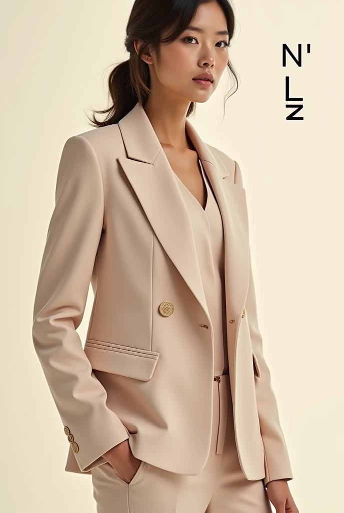 Create a fashion poster featuring a women's blazer as the main product, with the brand name 'N'Lin' prominently displayed in the image. The poster should exude elegance and sophistication, appealing to young women with a refined and trendy sense of style. Use a minimalist design with a clean background, focusing on the blazer's details and quality. The typography should be sleek and modern, and the placement of 'N'Lin' should be tasteful yet noticeable, reinforcing the brand's identity within the high-fashion market