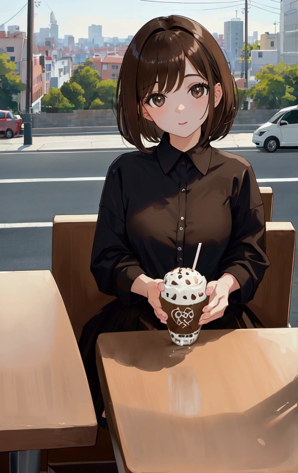 pretty girl, short brown hair, black jersey, light brown skirt, tomando Milk Shake, sitting at a table, Behind it there is a cityscape with cars, motorcycles, people and trees, looking at the camera, cute face, ((8k)) ((ultra quality)) ((ultra HD)) ((best qualityer)) ((ultra detailded)) ((detailded)).