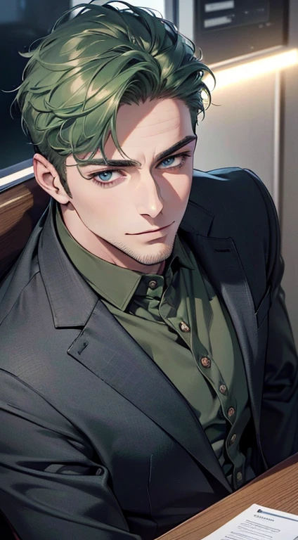 (best quality,4k,8k,highres,masterpiece:1.2),ultra-detailed,(realistic,photorealistic,photo-realistic:1.37),1 man,31 years old,mature man,very handsome,without expression,smile,short green hair,blue eyes,penetrating gaze,perfect face without errors,imposing posture,businessman,office background,cinematic lighting,hdr image