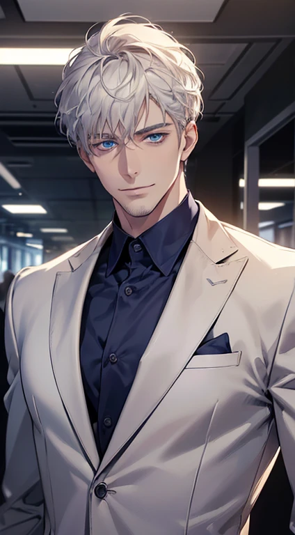 (best quality, masterpiece, 8K, photorealistic, cinematic lighting, hdr image, ultra detailed, beautiful image), 1 man, 31 years old, mature man, very handsome, (without expression, smile), short white hair, blue eyes ( penetrating gaze), perfect face without errors, imposing posture, without errors, businessman, office background