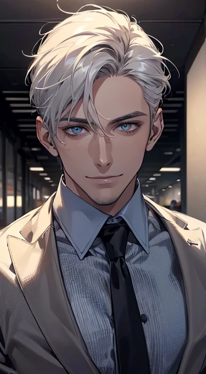 (best quality, masterpiece, 8K, photorealistic, cinematic lighting, hdr image, ultra detailed, beautiful image), 1 man, 31 years old, mature man, very handsome, (without expression, smile), short white hair, blue eyes ( penetrating gaze), perfect face without errors, imposing posture, without errors, businessman, office background