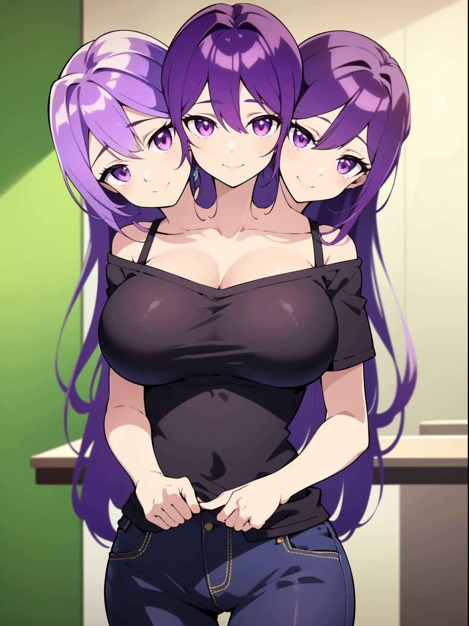 best quality, (masterpiece),(ultra-detailed), (high quality), (high resolution), ((3heads:1.5)), ((purple hair color:1.5)), girl with three heads, (violet eyes), best quality:1.5, highres, UHD, 4K), smiling, ((black short sleeve jacket over purple shirt)), ((wearing dark jeans)), (mature woman), casual dress, sexy proportions, thighs, Beautiful girl with accentuated slender abs, ((break room)), ((same identical hair color:1.5)), gentle smile, (long hair),
