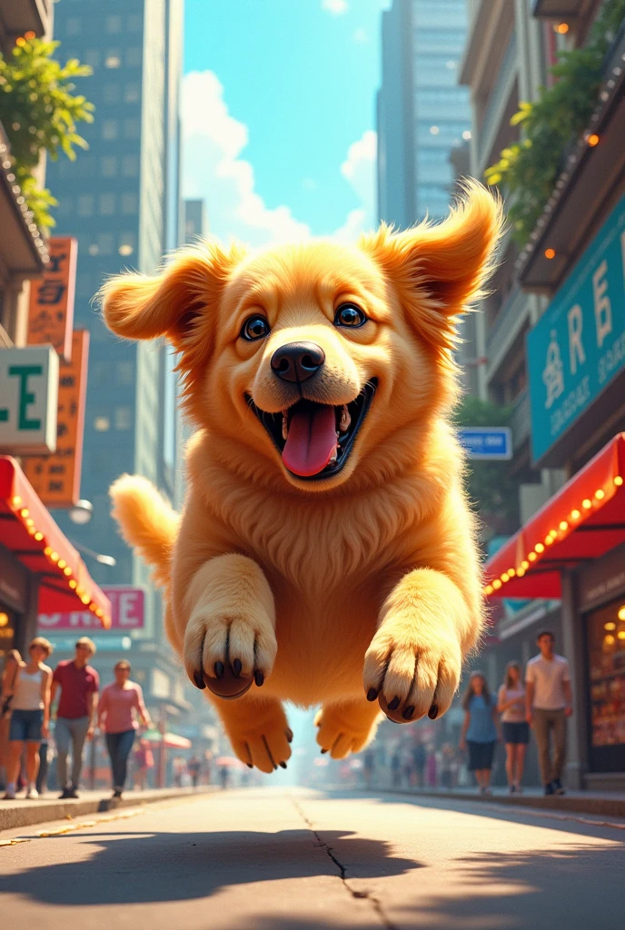 Big dog jumping in city, illustration style