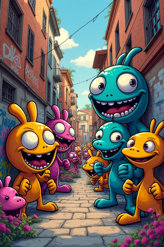 Animated characters in graffiti style pen drawing 