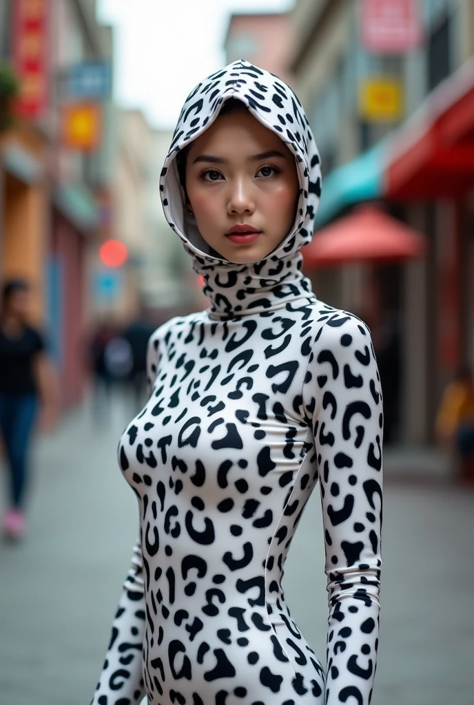 The beautiful and thin taiwan adult girl with beautiful cheeks wears snow leopard lycra turtleneck unitard catsuit covered with many spots and snow leopard lycra elastane dancewear hijab-like hood.She wears a pair of glasses
