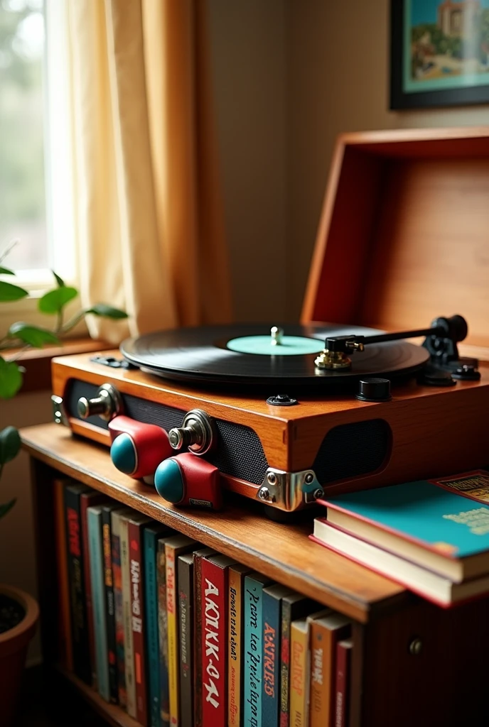 A vinyl record player and some headphones and some books next to it if, with illustrated colors