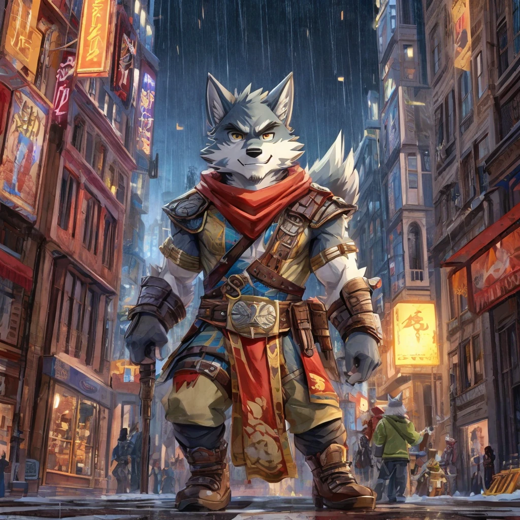 furry Wolf boy in the city rain cartoon