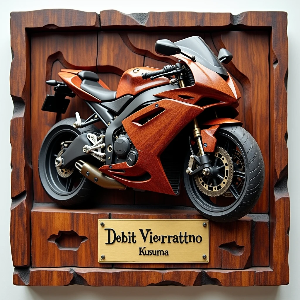 A very impressive 3D square logo featuring a sports bike made of rosewood. The background of the bike is an irregular carving, which blends with the bike. The finishing uses a clear varnish like shiny glass, highlighting the distinctive, luxurious and shiny rosewood grain. Under the bike is the writing "Dedit Vierratno Kusuma" in bold letters and precise spelling, carved on a gold plate. The logo should be perpendicular to the viewer.
