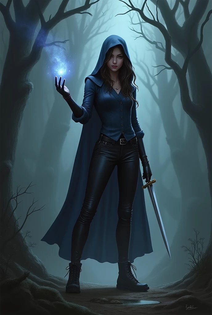 A young adult woman looking back, dark faded blue hood on her head, she's in a dark shirt and vest, with leather pants and ankle boots, sliver dagger in one hand, the other hand glowing and holding the hood, in a 2D drawing like a book art in a dark fantasy realm