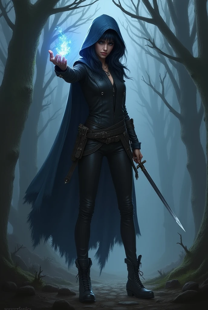 A young adult woman looking back, dark faded blue hood on her head, she's in a dark shirt and vest, with leather pants and ankle boots, sliver dagger in one hand, the other hand glowing and holding the hood, in a 2D drawing like a book art in a dark fantasy realm