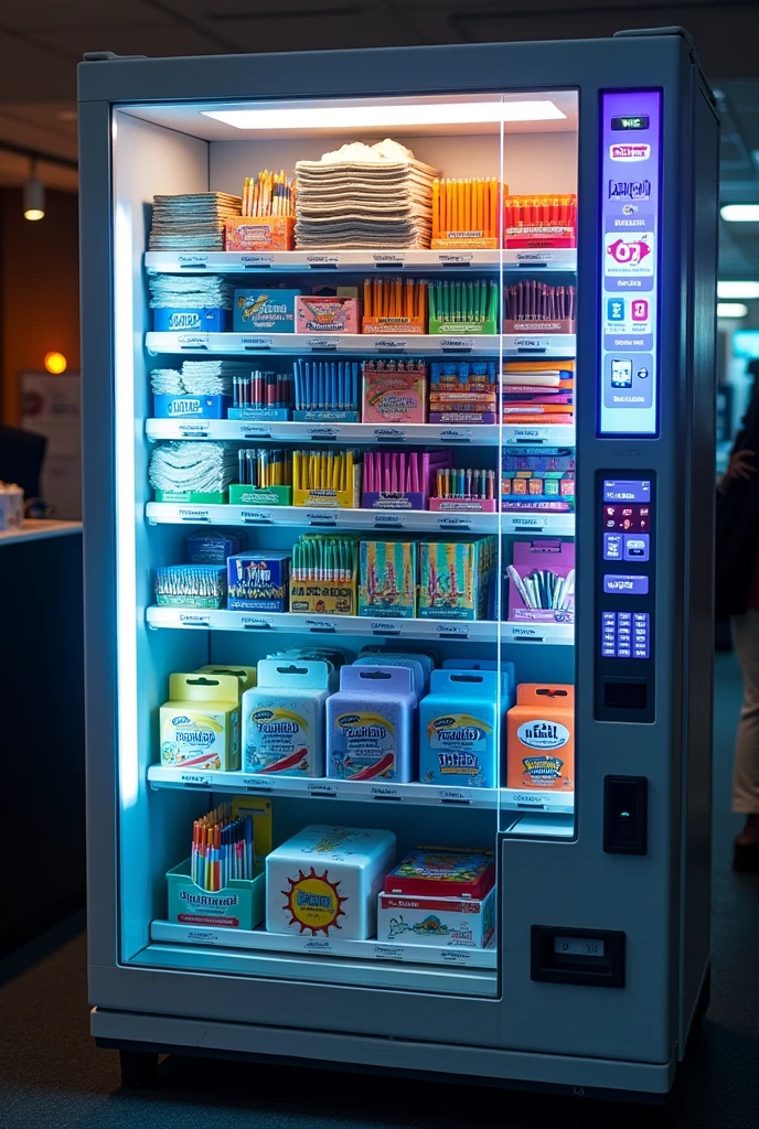A vending machine containing stationery items.
Try to only show the vending machine and focus on the items inside it. The machine should be very modern, and the items should be pencils, paper, cardboard, erasers, markers, scissors, correctors, and basic supplies. 