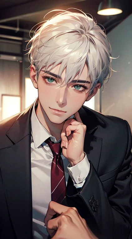 (Highest quality,4K,8K,High resolution,masterpiece:1.2),Super detailed,(Realistic,photoRealistic,photo-Realistic:1.37),1 person,34 years old,Mature Men,Beautiful skin、very handsome,Expressionless smile in love,Short white hair,green eyes,Sharp Eyes,A perfect face without a doubt,Businessman, CEO, Office Background,Cinema Lighting,HDR image,tie、