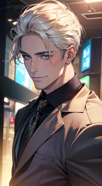 (Highest quality,4K,8K,High resolution,masterpiece:1.2),Super detailed,(Realistic,photoRealistic,photo-Realistic:1.37),1 person,34 years old,Mature Men,Beautiful skin、very handsome,Expressionless smile in love,Short white hair,green eyes,Sharp Eyes,A perfect face without a doubt,Businessman, CEO, Office Background,Cinema Lighting,HDR image,tie、
