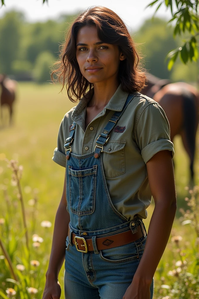 Horse tamer, with a round, somewhat square face, de 1.58 meters tall, brown skin, dark brown eyes, medium hair, dark brown, weighing 72kg