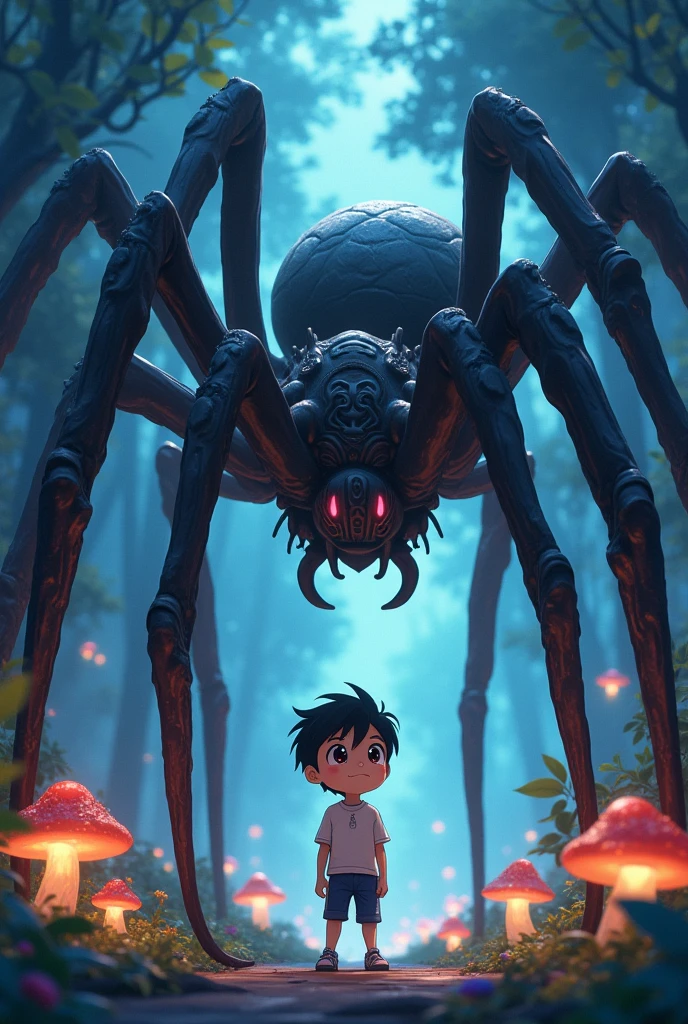 a boy to becomed a drider(anime style)(the spider_body is huge and the boy's body is small)