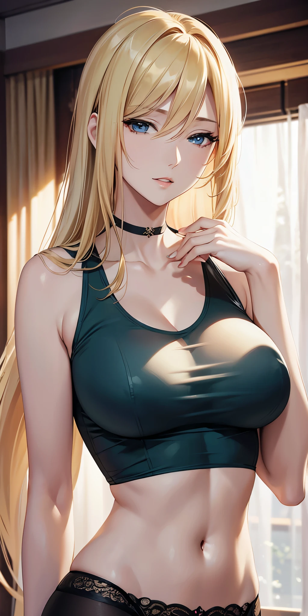 Anime Style, Elegant mature woman, beautiful, Long blonde hair, Soft Light, 4K resolution, high quality,Detailed big eyes,See-through underwear