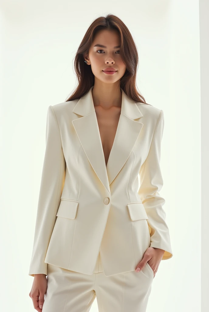 Create a fashion poster featuring a women's blazer as the main product, with the brand name 'N'Lin' prominently displayed in the image. The poster should exude elegance and sophistication, appealing to young women with a refined and trendy sense of style. Use a minimalist design with a clean background, focusing on the blazer's details and quality. The typography should be sleek and modern, and the placement of 'N'Lin' should be tasteful yet noticeable, reinforcing the brand's identity within the high-fashion market