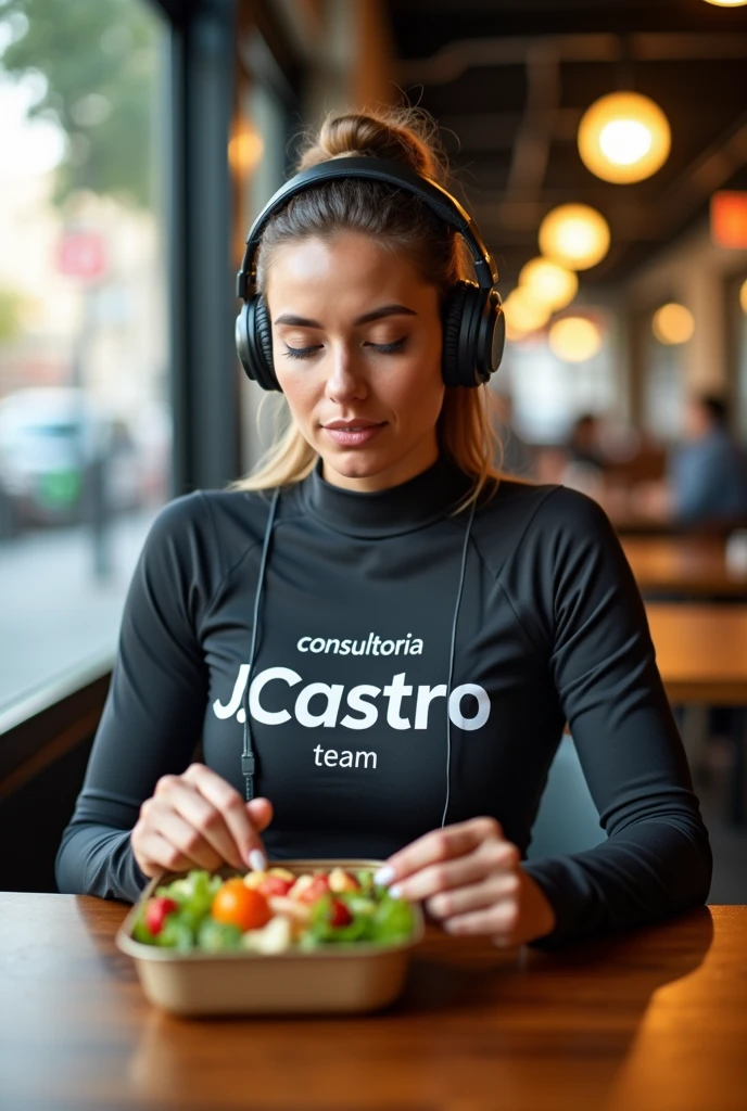 A woman sitting at a table wearing a shirt that says "consultoria J.Castro team" with an athletic body and eats from a lunch box using her headphones and fully focused