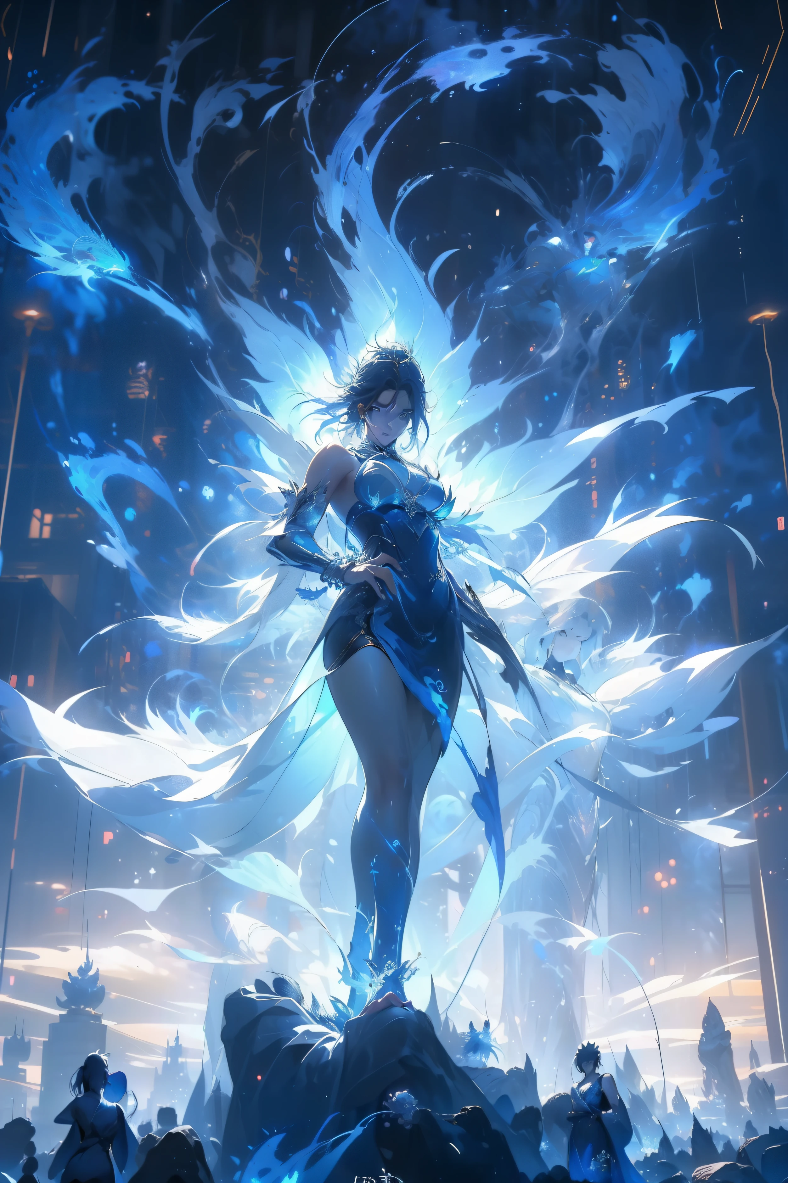 (((Blue Fire Phoenix)))，Chinese Phoenix，(((Behind it is a huge blue fire phoenix engulfing her)))，A woman with an outstanding muscular figure，Wear a nice miniskirt，Leaking out of both shoulders，jewelry，Amazing work，Vitreous luster , cleaned backdrop，High gloss，blue colors，in pink，cyan colors, & yellow color