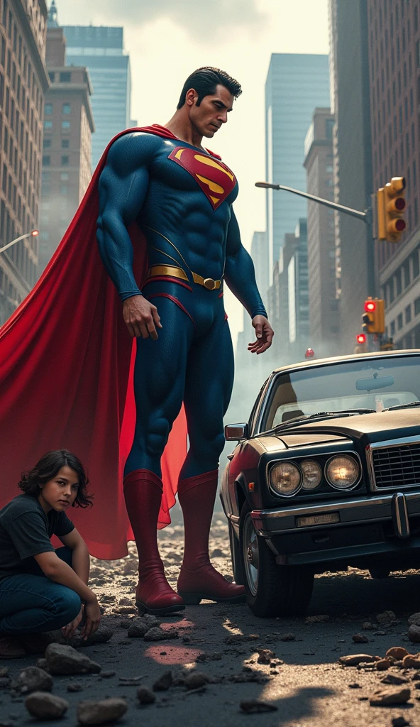 Create image of superman that's helping people at accident place 