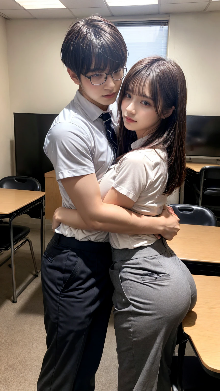 Male and female couples　The girl sits in a chair，Wear tight skirts and shirts。The boys hugged each other from behind。Boy in high school trousers uniform with mashed potato cut hairstyle。Without glasses，Women are not clothed, large breasts