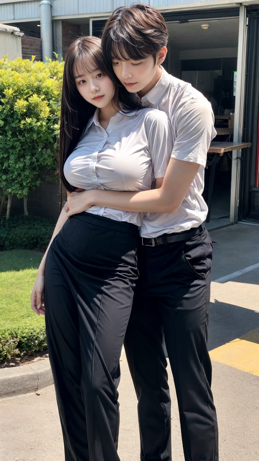 Male and female couples The girl sits in a chair,Wear tight skirts and shirts。The boys hugged each other from behind。Boy in high school trousers uniform with mashed potato cut hairstyle。Without glasses,Women are not clothed, large breasts