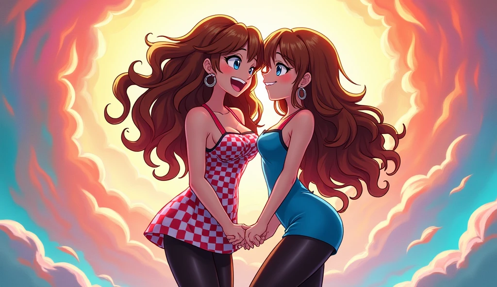 Android 21, brown hair, long hair, curly hair, blue eyes, hoop earrings, two-tone dress, checkered dress, sleeveless, black pantyhose, glasses, giant ass, wide hips, crazy laughing, touching thights, kissing you pov,