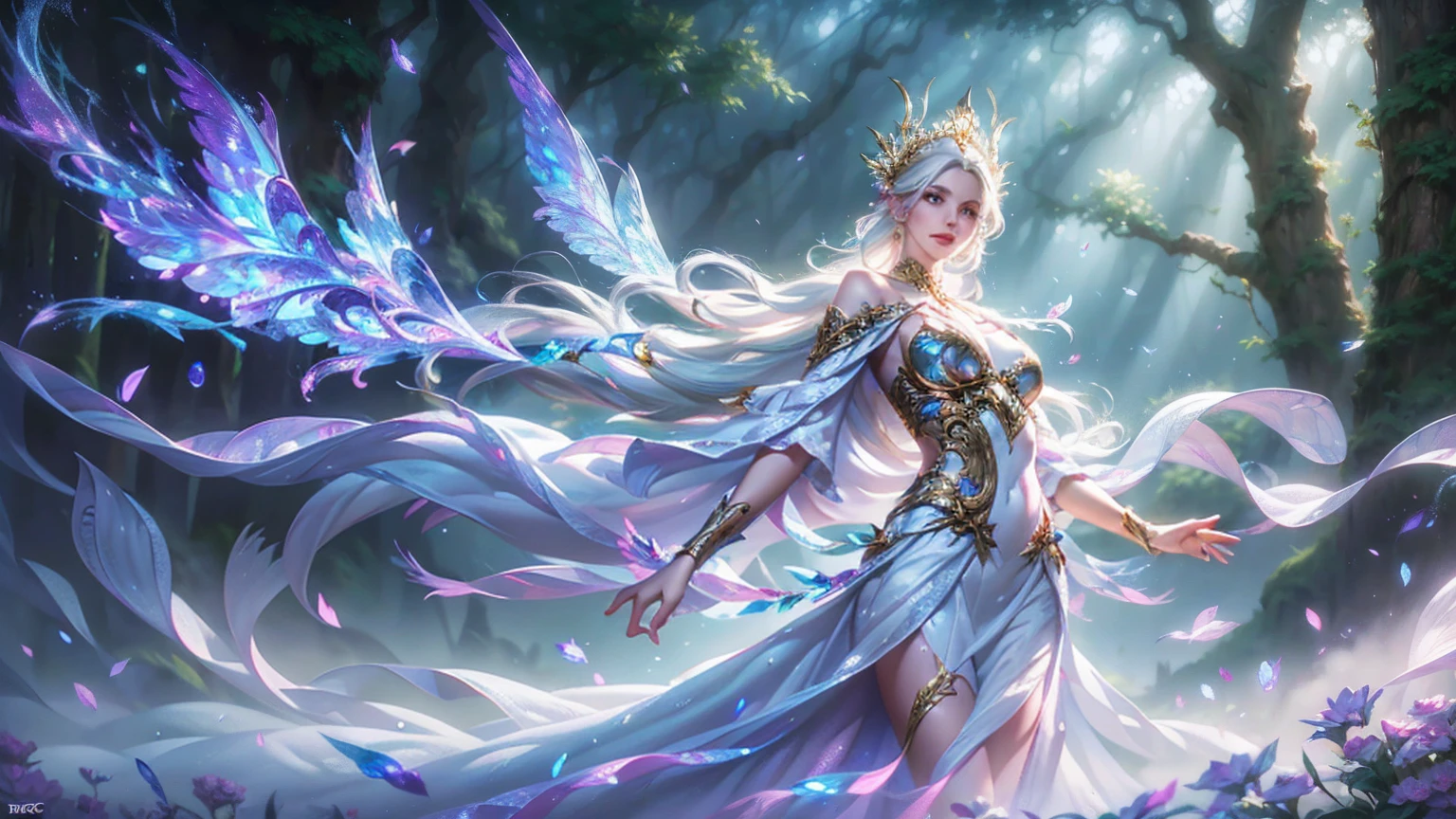 A beautiful white-haired fairy, delicate facial features, captivating eyes, lush pink lips, long eyelashes, graceful wings, flowing white dress, standing in a magical forest, sunlight filtering through the trees, glowing ethereal atmosphere, vivid colors, intricate details, cinematic lighting, (best quality,4k,8k,highres,masterpiece:1.2),ultra-detailed,(realistic,photorealistic,photo-realistic:1.37),fantasy,digital art
