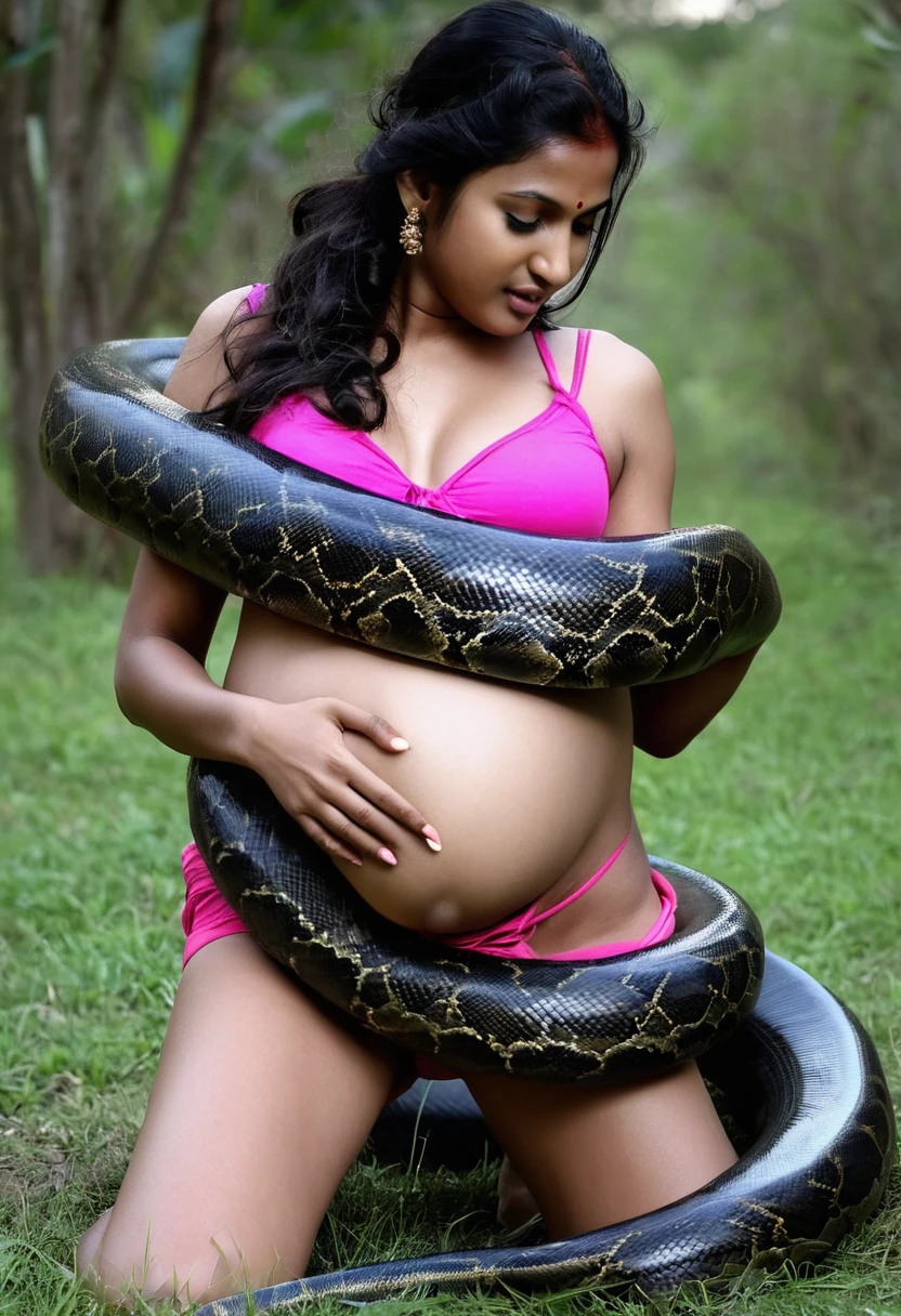 Pregnant Happy Horny, aroused 1girl), beautiful kneeling Indian   girl wearing pink thong  with  giant colossal black anaconda squeezing her hard, wrapped in thick spiraling coils, constricted, struggle, gasping for air, snake attack, snake peril, moonless night, dim light