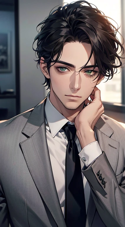 (Highest quality,4K,8K,High resolution,masterpiece:1.2),Super detailed,(Realistic,photoRealistic,photo-Realistic:1.37),1 person,35 years old,Mature Men,Beautiful skin、very handsome,Expressionless,Short gray Black hair,green eyes,Sharp Eyes,A perfect face without a doubt,Businessman, CEO, Office Background,Cinema Lighting,HDR image,tie、