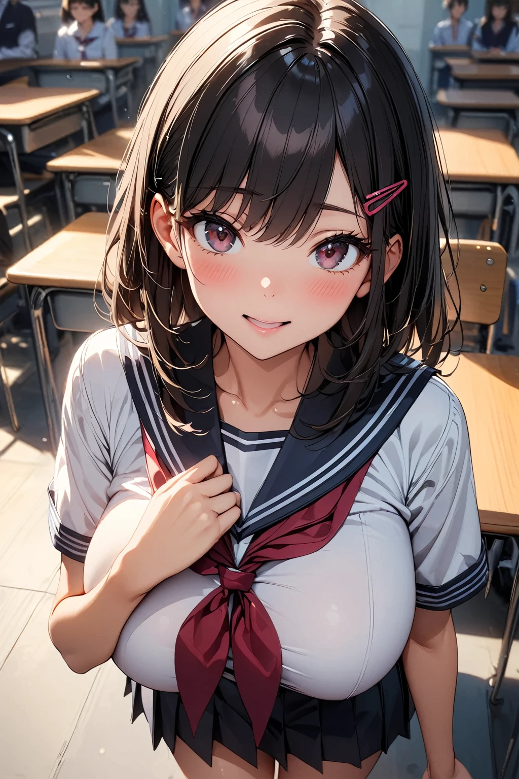 Commemorative photo, 1 person, Black Hair, Shortcuts, Hair Clip, 1, Ample breasts,School uniforms, Sailor suit, classroom:1.2, blush, Look at the audience shyly:1,They are making a fist with their lower body.、(Accentuate your lower body)、 Please open your mouth a little, Light and shadow with attention to detail, Background Blur:1.2, Shallow depth of field, (Highest quality:1.2, 4K, 8k, Very detailed, Attention to detail, masterpiece:1.2, Best aesthetics),