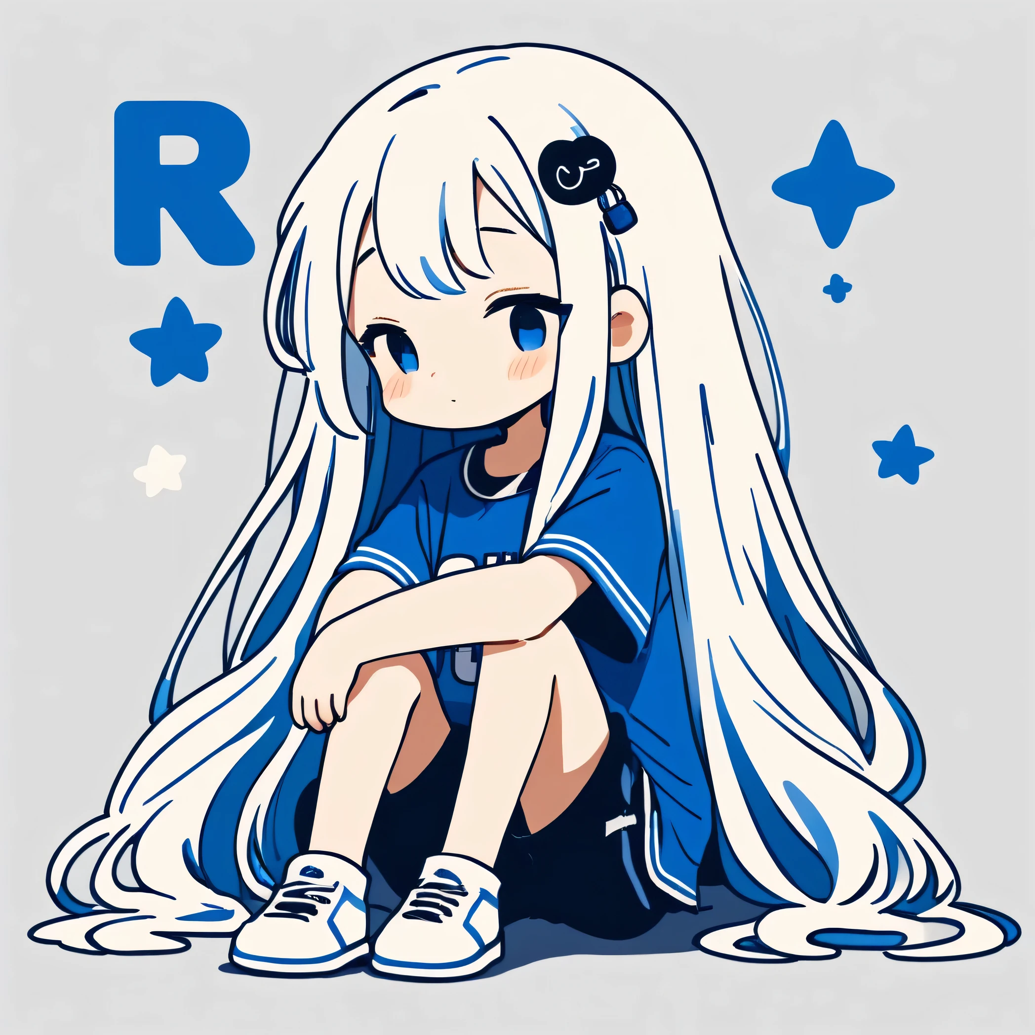 Black and blue and White Style, White long hair, sleepy, Simple line initials, Abstract art, Kawaii Design, The most beautiful girl of all time, chibi, summer casual and cute clothes