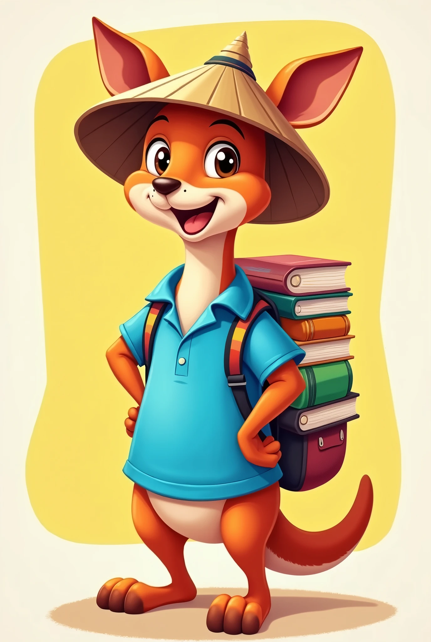 #CONTEXT
You are a professional cartoon character drawing person.
#INSTRUCTIONS
You create a picture of a kangaroo wearing a Vietnamese conical hat. That kangaroo is wearing a blue polo shirt., smiling face. The kangaroo is wearing a backpack and carrying books.
#DATA
Style is cartoon, colored image, no background, simple color, character expression cheerful.
#REQUEST RESULT
No background. still image. No shadow. Frame ratio 1:1