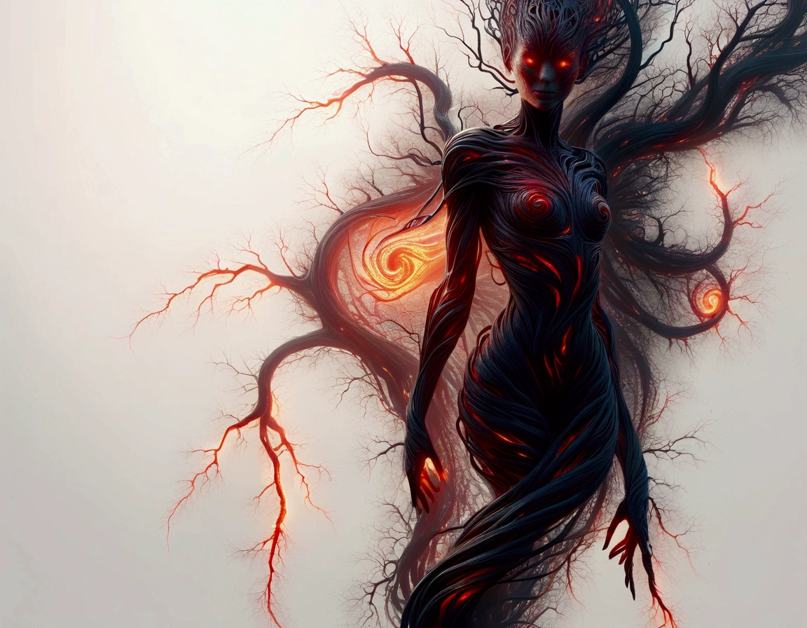 a close up of a person with a glowing face and body, glowing red veins, fractal veins. cyborg, red glowing veins, glowing veins, bright glowing veins, human glowing, tomasz alen kopera and cgsociety, melted cyborg, inspired by Mike Winkelmann, woman made of black flames, digital art 4k unsettling, detailed glowing head