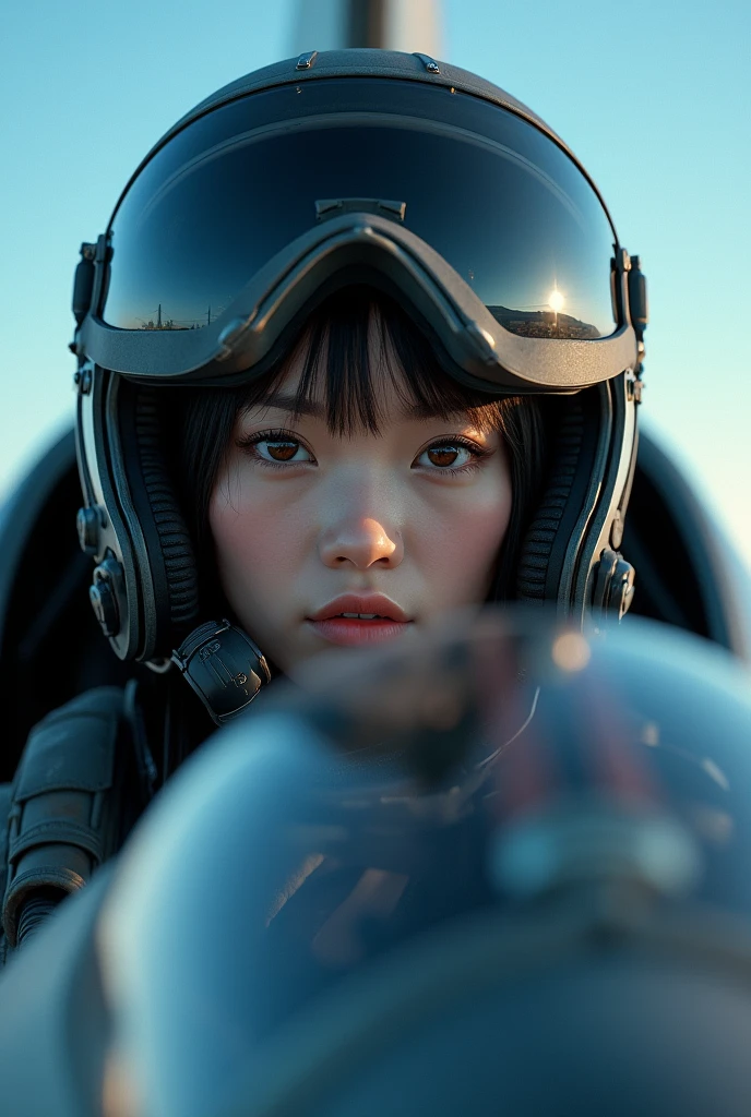 ultra-realistic, photorealistic, beautiful Japanese girl, at the cockpit of a military fighter jet, ready to take off, dramatic scene, masterpiece, face focus, flight helmet with breathe mask, oxygen mask, beautiful eyes, fighter jet pilot's flight suits, shoot from side