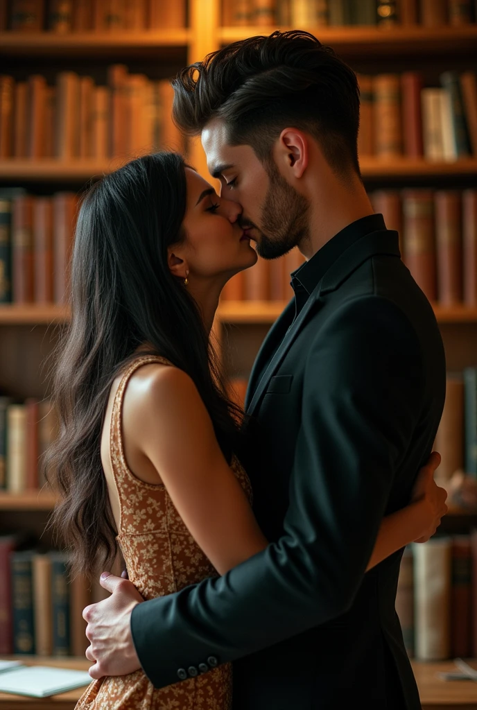 a couple, university student and a professor, passionately kissing in a brown office with books in the background
Verena: DARK hair, straight, Jade eyes, slender body, wide thighs, Full and pink lips, white skin and height of 1.60
Damon Thorn: Slim and defined, with a mysterious and elegant style, Dark and a little long hair, combed back, dark and penetrating eyes, slightly tanned skin, Straight face, Strong jawline and full lips, Above average height, about 1,80m, Mature and authoritative appearance, with a confident bearing.