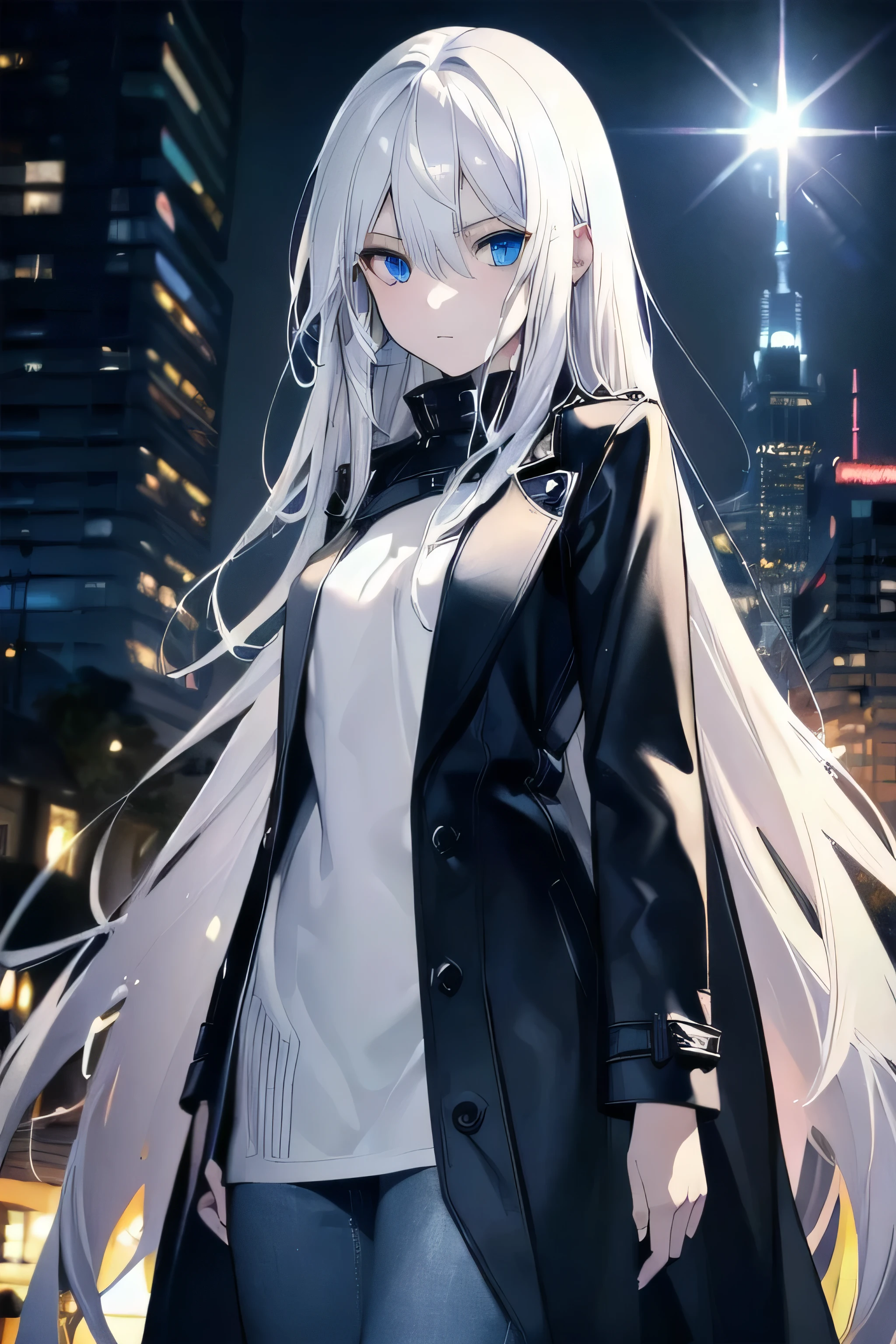 ((masterpiece)), ((best quality)), ((best illustration)), ((ultra-detailed)),((photorealistic color)), 1 lady, solo, ager, absurdly long hair, white hair, straight hair, ((blue eyes)), ((ultra detailed eyes)), ((ultra detailed face)), gloomy, ((long coat)), jeans,thin body, thin arms, long arms, buildings, moonlight, backlight