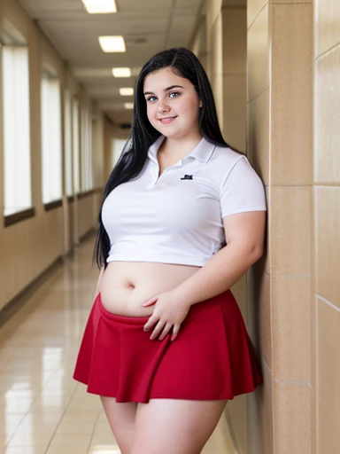 A beautiful 16 year old white girl with a very fat belly, long wavy black hair, very chunky legs and arms, in school hallway, wearing small white shirt and red skirt, round belly, small nose, curvy body, very fat, belly exposed, wearing backpack