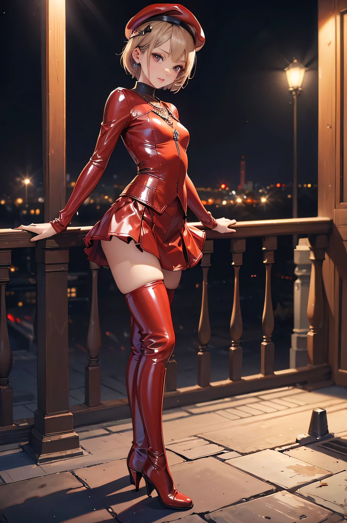 ((Biologically correct limb count)),(( From head to toe,Full-body photo including face)),4K,((Standing position)),masterpiece,((Focus on the face)),((Symmetrical facial features)),Eyes with detailed description,Beautiful woman,Great style,Beautiful arms,Beautiful legs,Beautiful Hands,(Small Ass,Thin thighs),Detailed depiction of the face,Small earrings,necklace,(Red latex clothing,mini skirt((High heels,Thigh-high boots))),Realistic photo,Short Hair,Stand at an angle,Meeting,Alluring,beret,Outdoor,Tokyo,night