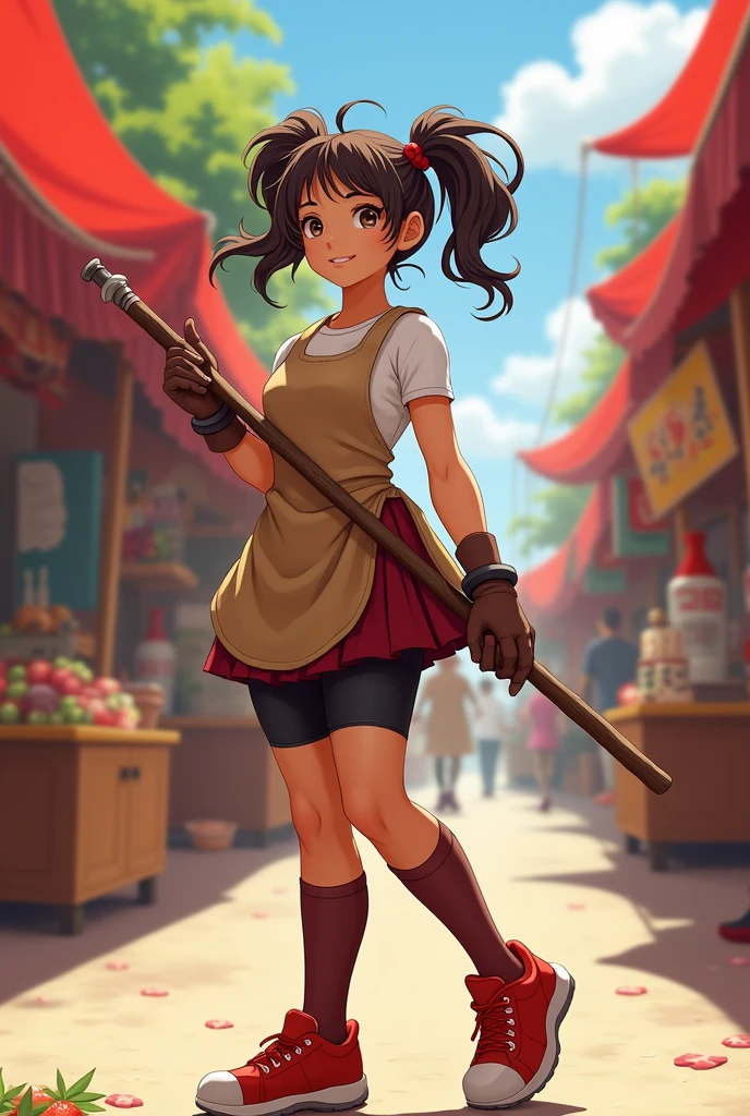 a young woman, aged 16, two ponytail hair, She wears red shoes and a maroon skirt, along with a pair of black compression shorts. Over this, she wears a light-brown apron-like cover, and a white undershirt. Over this, she wears a rib-high, sleeve-less jacket and brown gloves, using staf as weapon.
a rather naive and straightforward girl who is always energetic and positive. She is very proactive, somewhat of boyish in appearance and attitude, and has a "hit first and ask later" attitude. She is also courageous and does her best to help others.
