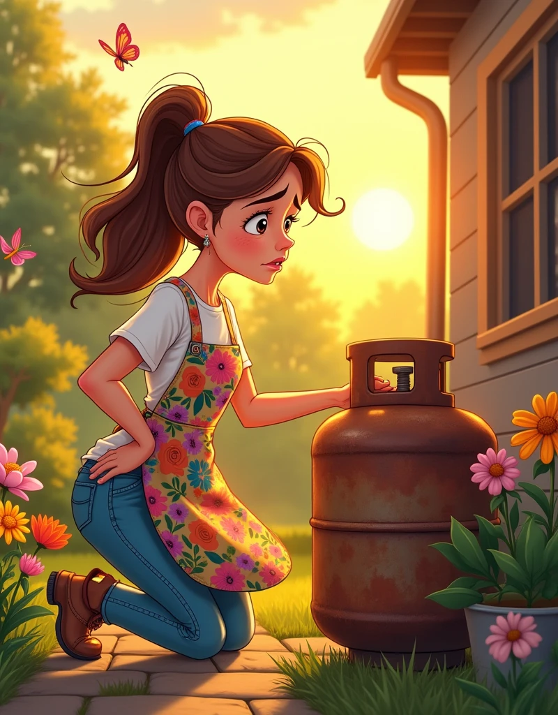 animated drawing of a mom checking the propane tank which is empty