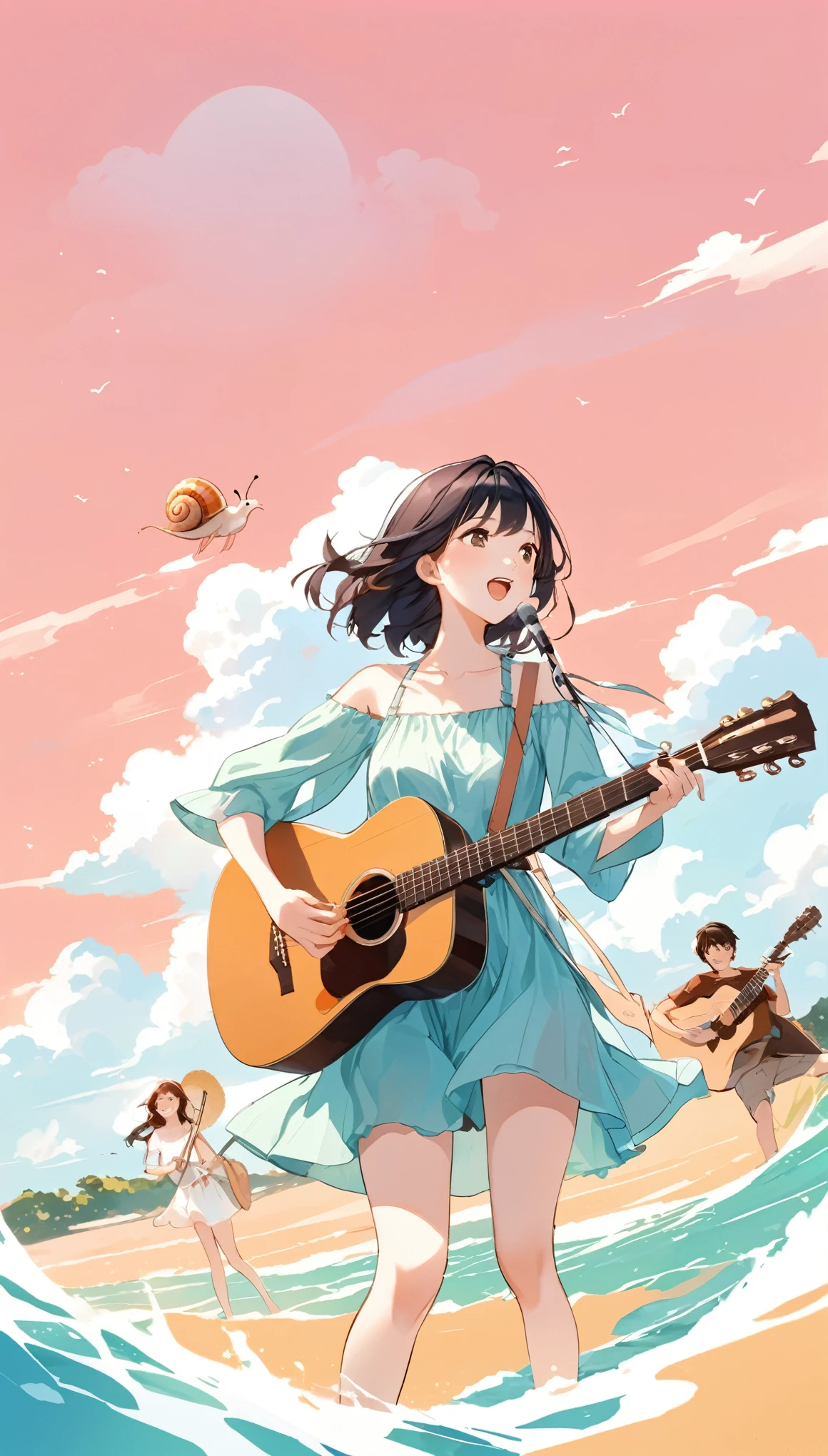 Summer skyに歌いながらギターを弾く少女,Singing with Acoustic Guitar,Summer sky,Xia Yun,southerly,Fresh breeze,
Girl playing guitar while singing to summer sky, singing and talking, summer sky, summer cloud, south wind, fresh wind, , simple background, pink background, sign, snail