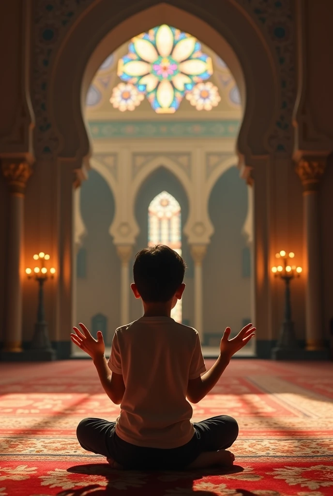 A Arabian sad boy sit down for prayer to God in arabian mosque. His hand raise up for prayer 🤲 . 