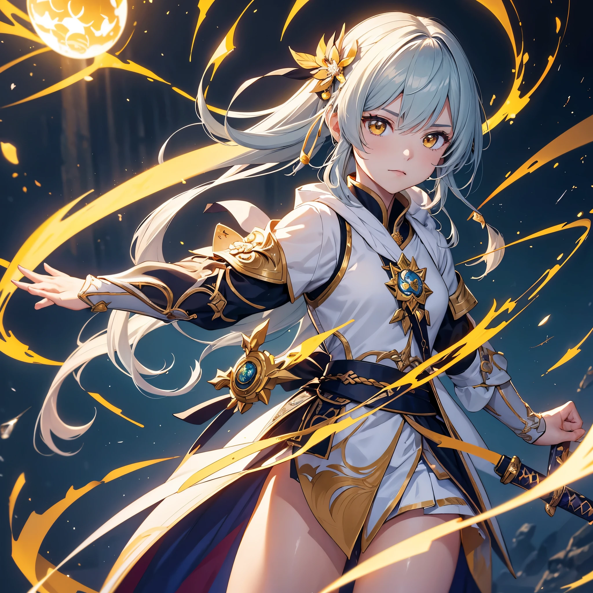 A woman in golden attire, holding a sword and a green ring.,Silver Hair,Golden Eyes,Portrait of a girl in the Knights of the Zodiac, ayaka Genshin Impact impact, keqing from Genshin Impact impact, Astori Lawn, ayaka game Genshin Impact impact, zhongli from Genshin Impact impact, Genshin Impact impact character, Vivid RPG Portraits, Genshin Impact, long, Official Art, portrait knight woman,(Cowboy Shot,One woman),Beautiful fingertips