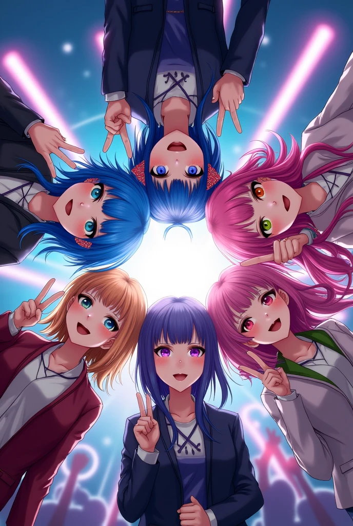 Five idols gather in a circle and point their index and middle fingers toward the center., It will be in the shape of a star