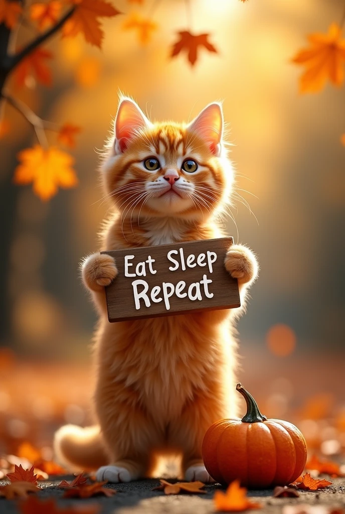 cat holds a sign that says "eat sleep repeat" and pumpjin