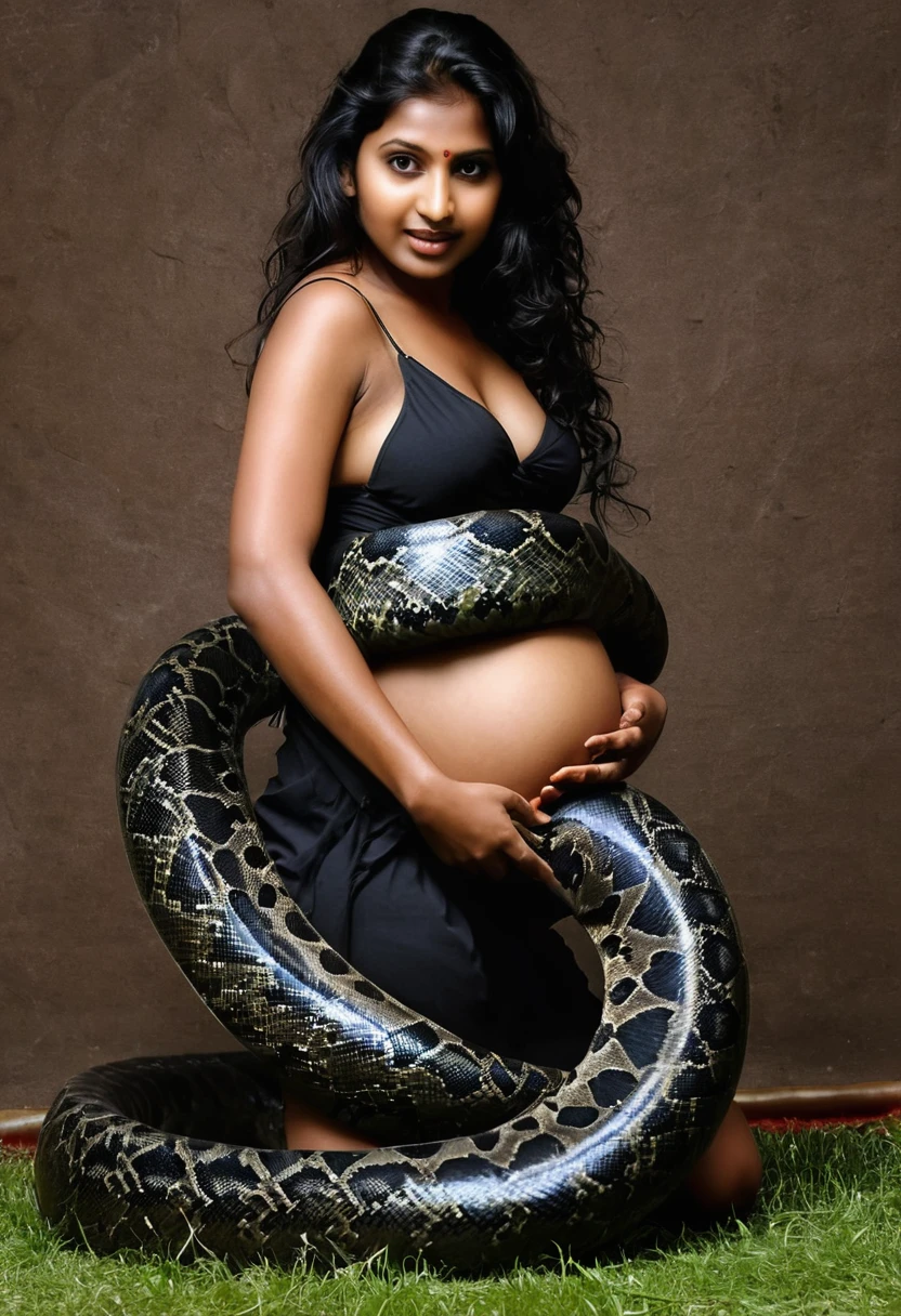 Pregnant Happy Horny, aroused 1girl), beautiful kneeling indian young girl with giant colossal black titanboa squeezing her hard, wrapped in thick spiraling coils, constricted, struggle, gasping for air, snake attack, snake peril, moonless night, dim light